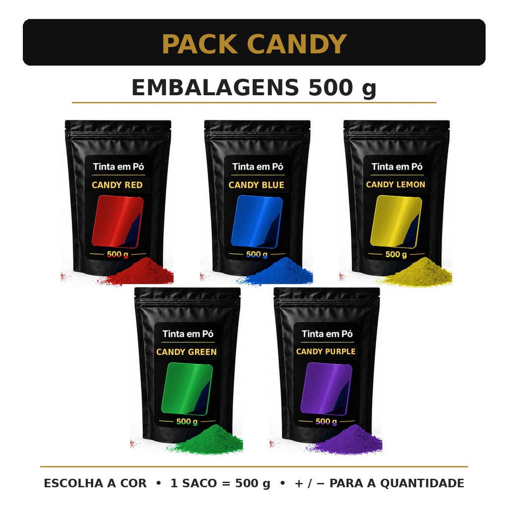 Pack candy 500 g — várias embalagens pretas e douradas; escolha a cor e a quantidade + e −