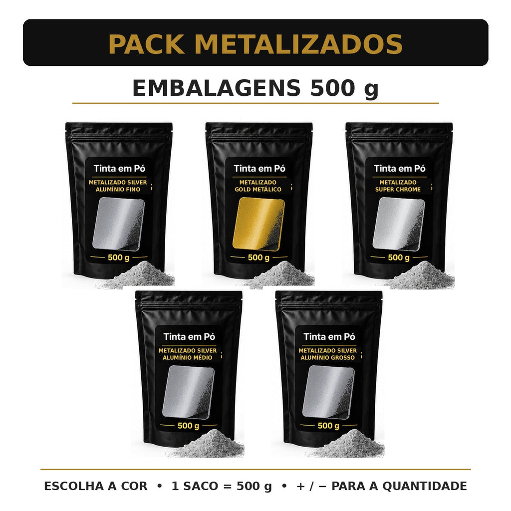Pack metalizados 500 g — várias embalagens pretas e douradas; escolha a cor e a quantidade + e −