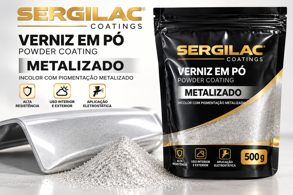 Verniz em pó Metalizado — incolor com pigmentação metalizada; imagem apresenta embalagem de 500 g