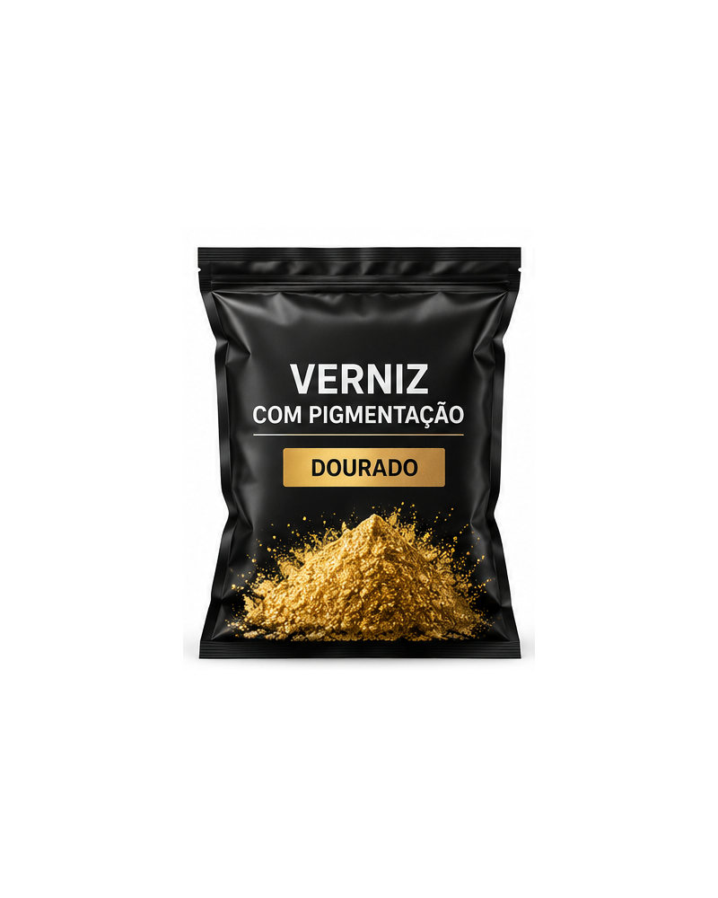 Imagem ilustrativa de verniz em pó pigmentado Dourado, saco preto